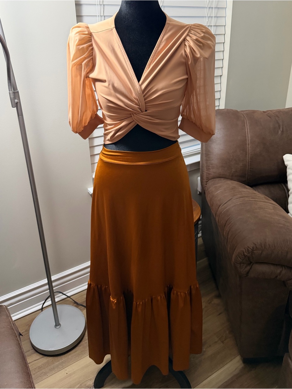 Kelle AS Women's Rust Maxi Skirt with twist neutral top and briefs dance